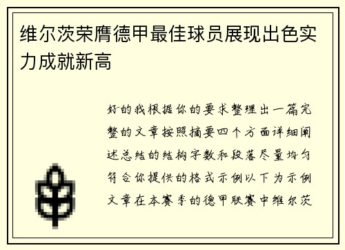 维尔茨荣膺德甲最佳球员展现出色实力成就新高