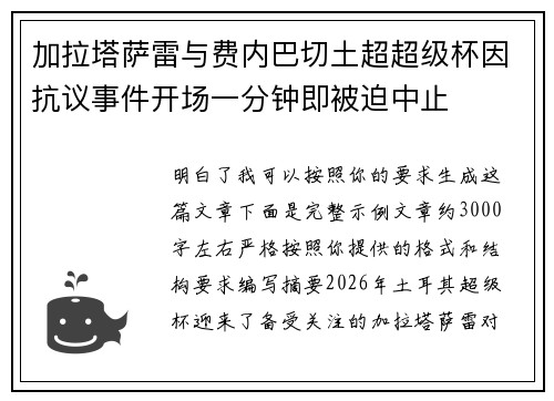 加拉塔萨雷与费内巴切土超超级杯因抗议事件开场一分钟即被迫中止