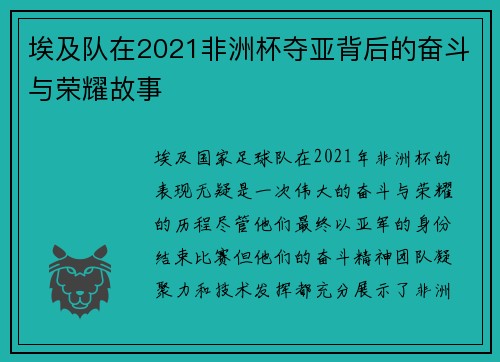 埃及队在2021非洲杯夺亚背后的奋斗与荣耀故事 埃及队在2021非洲杯夺亚背后的奋斗与荣耀故事